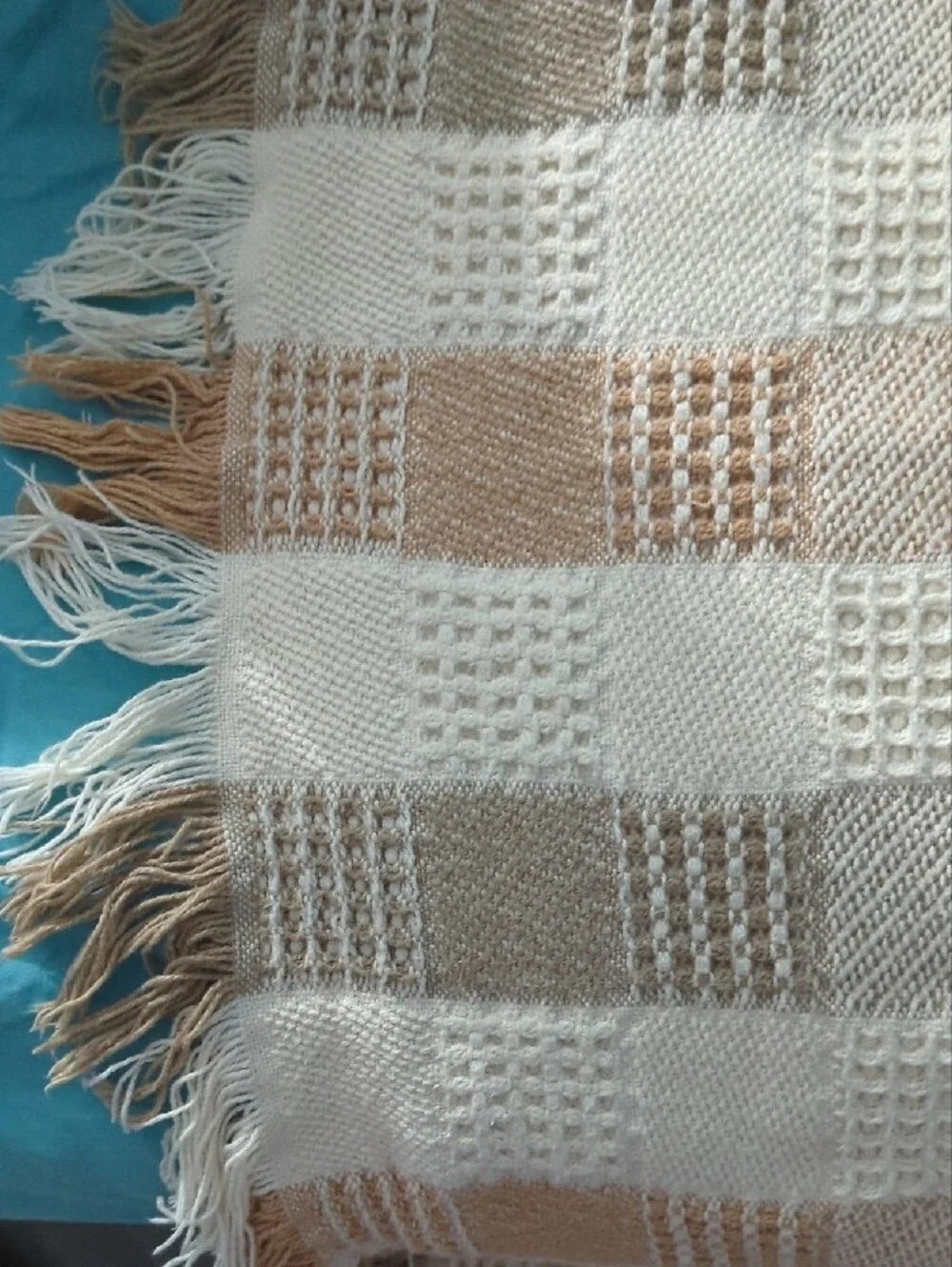 Vintage 100% Cotton Crown Crafts Woven Fringe Throw Blanket - Ivory & Beige